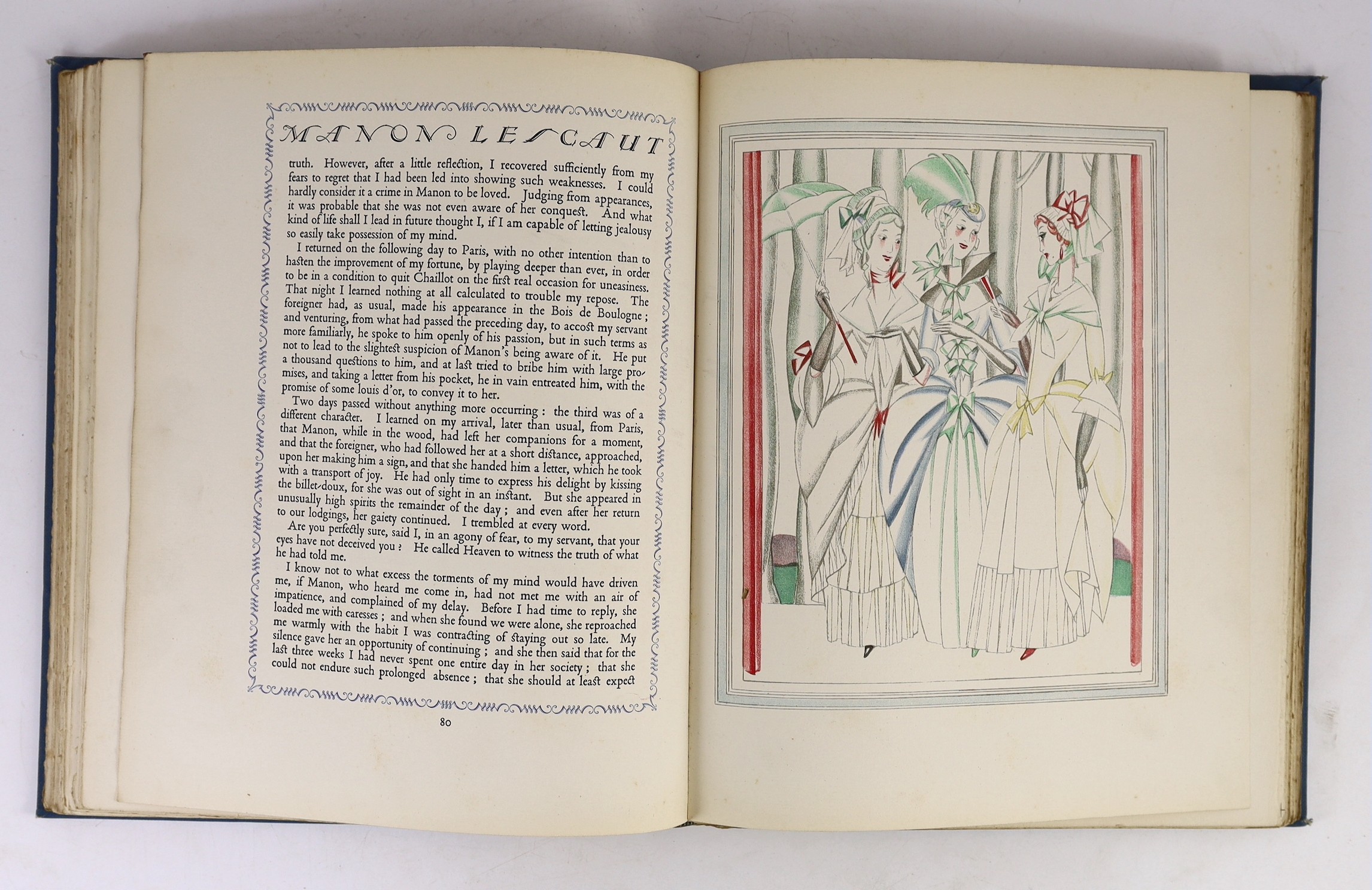 Prevost d’Exiles, Antoine Francois - Manon Lescaut, one of 500, illustrated and signed by John Austen, original half vellum, with 12 colour plates, Geoffrey Bles, London, 1928